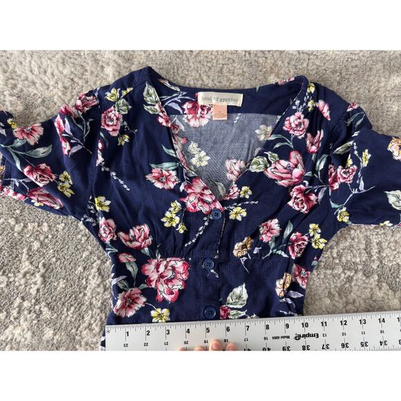 Band Of Gypsies Size XS Dark Floral Print V Neck Mini Fit Flared Dress Navy - Picture 5 of 8